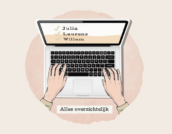 een laptop met getekende handen om online eenvoudig een gedenkboek te maken