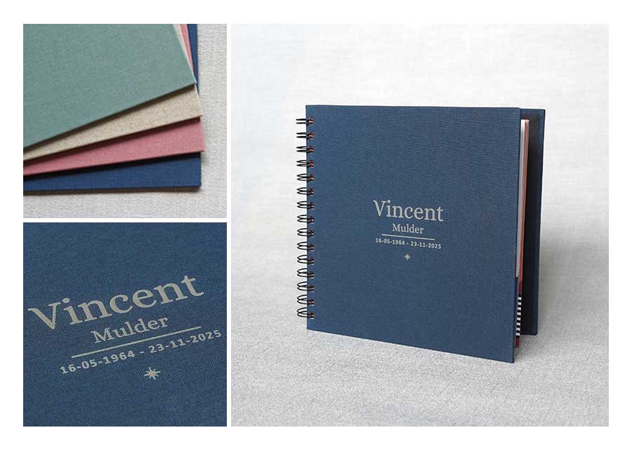 details van linnen kaft in blauw voor boek vol herinneringen